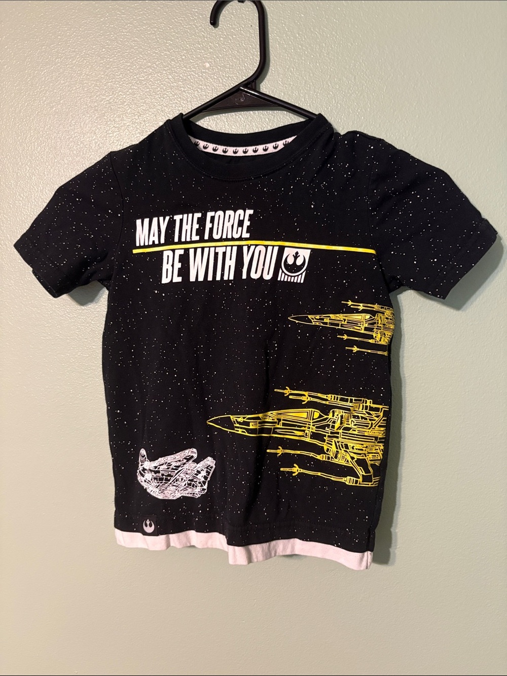 Star Wars Black Kids Tee with Yellow & White Spaceship Graphics